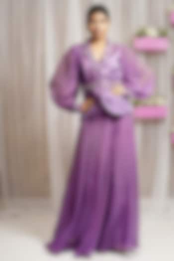 Royal Purple Linen Silk Sharara Set by Farha Syed