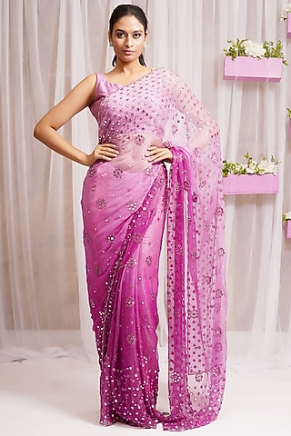 Cream Candy Hand Embroidered Saree Set by Farha Syed