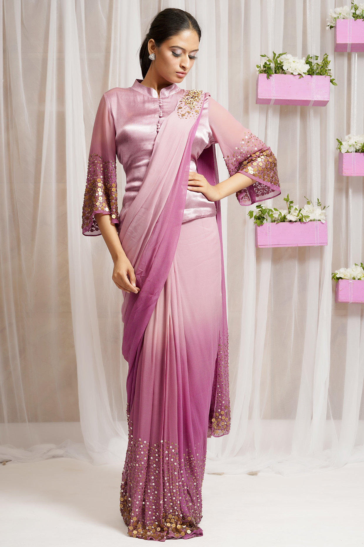 Cream Candy Georgette Wedding Saree Set by Farha Syed at Pernia's Pop Up Shop