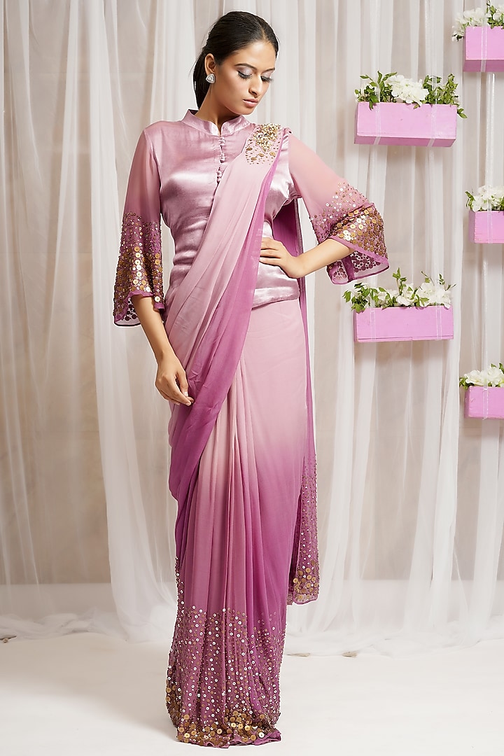Cream Candy Georgette Wedding Saree Set by Farha Syed at Pernia's Pop Up Shop