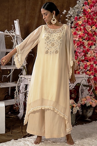 Champagne Ivory Hand Embroidered Kurta Set by Farha Syed