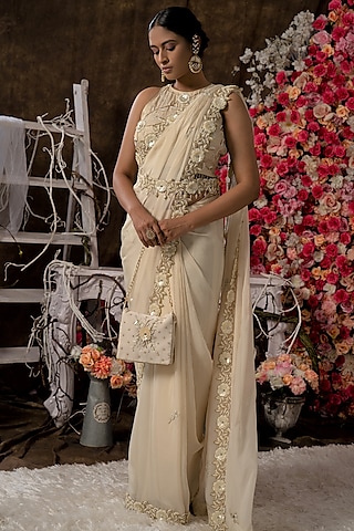 Champagne Ivory Saree Set With Hand Embroidery by Farha Syed