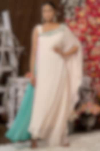 Cream & Mint Hand Embroidered Kaftan Gown by Farha Syed