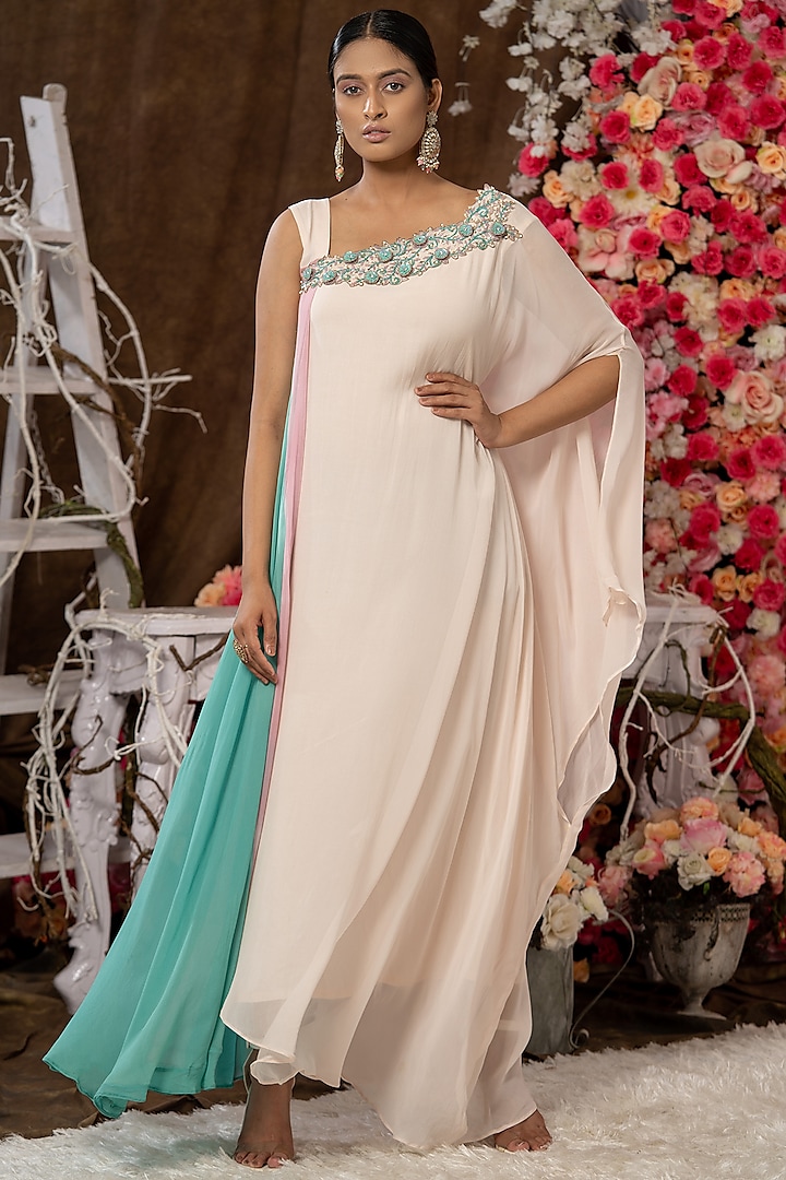 Cream & Mint Hand Embroidered Kaftan Gown by Farha Syed