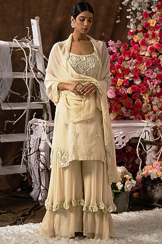 Champagne Ivory Hand Embroidered Sharara Set by Farha Syed