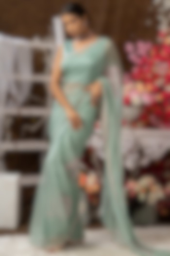 Mint Hand Embroidered Wedding Saree Set by Farha Syed at Pernia's Pop Up Shop