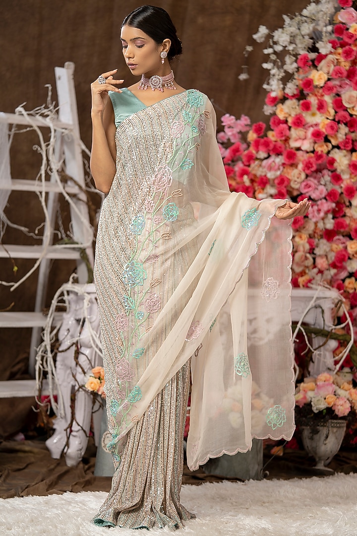 Off-White & Mint Hand Embroidered Wedding Saree Set by Farha Syed at Pernia's Pop Up Shop