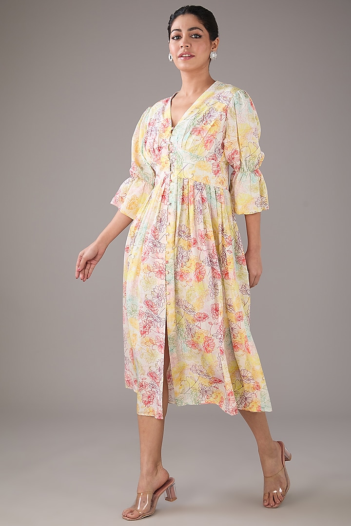 White Satin Silk Floral Printed Button-Down Midi Dress by FORTY FOUR