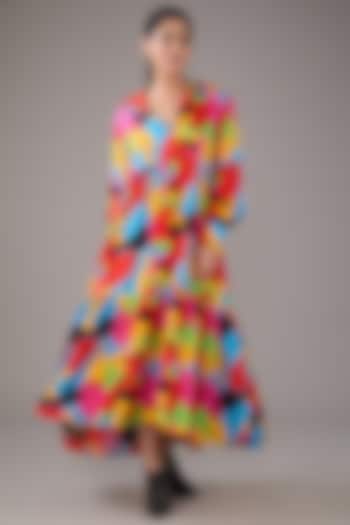 Multi-Colored Satin Silk Abstract Printed Gathered Maxi Dress by FORTY FOUR