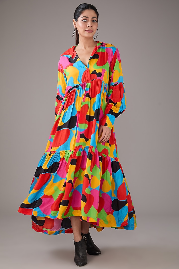 Multi-Colored Satin Silk Abstract Printed Gathered Maxi Dress by FORTY FOUR