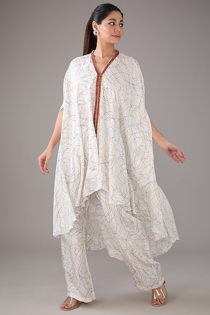 White Satin Silk Abstract Printed Kaftan Set by FORTY FOUR