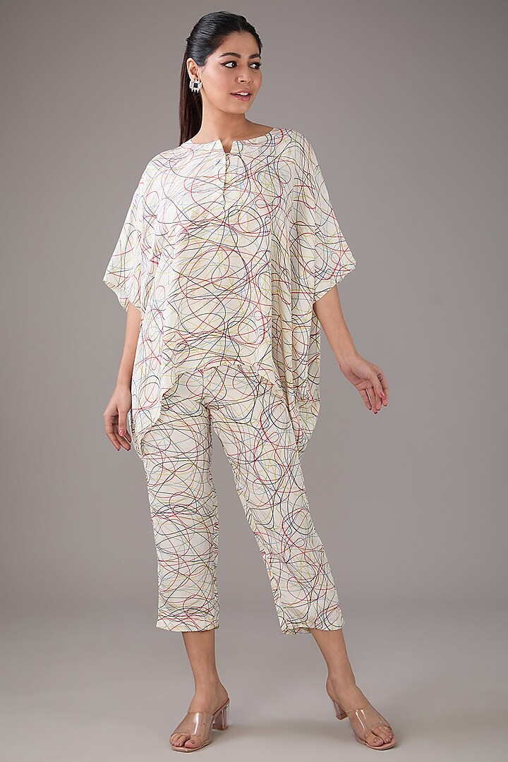 White Satin Silk Abstract Printed Kaftan Set by FORTY FOUR