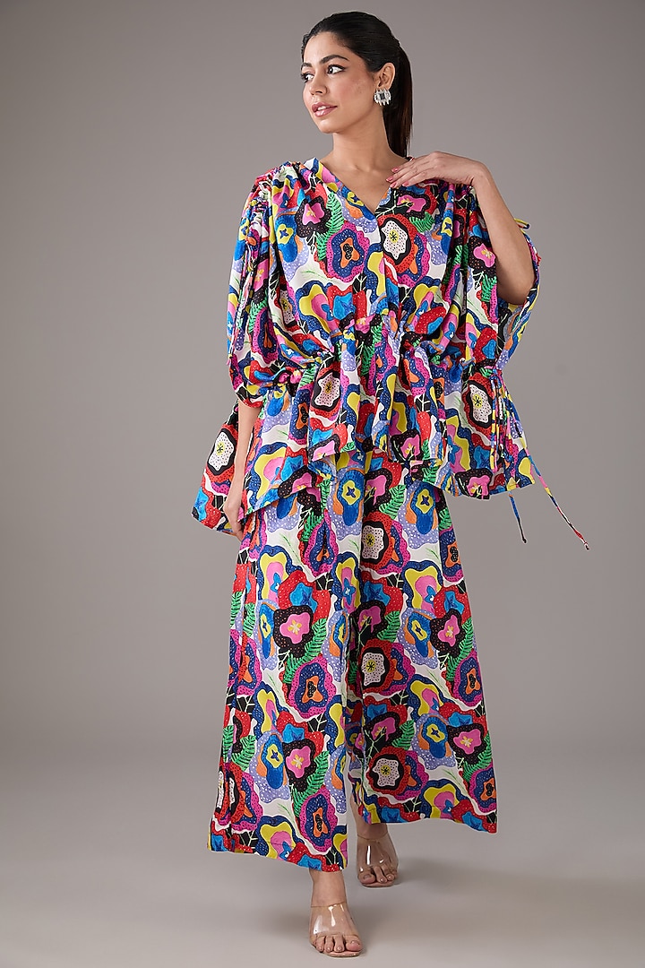 Multi-Colored Satin Silk Abstract Printed Pant Set by FORTY FOUR at Pernia's Pop Up Shop