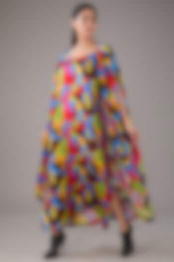 Multi-Colored Satin Silk Abstract Printed Jacket Dress by FORTY FOUR