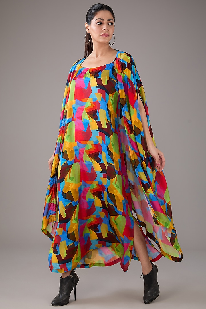 Multi-Colored Satin Silk Abstract Printed Jacket Dress by FORTY FOUR