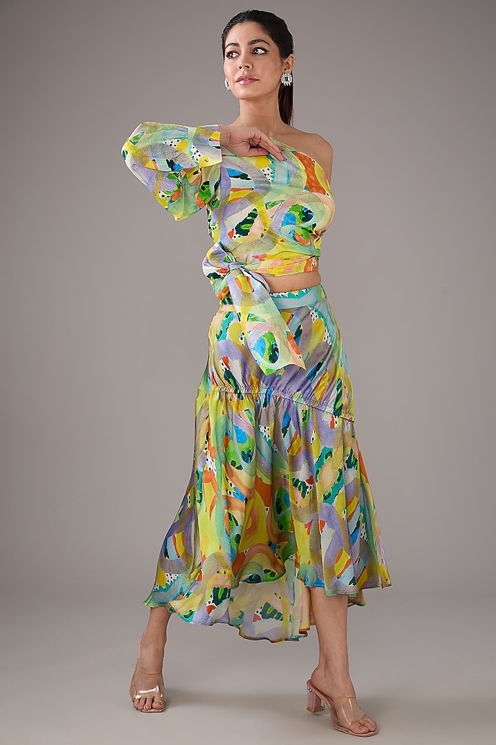 Multi-Colored Satin Silk Abstract Printed Skirt Set by FORTY FOUR
