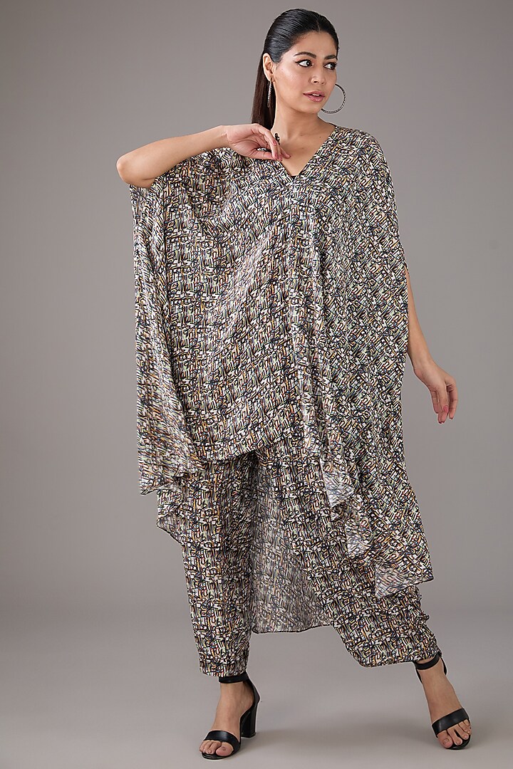 Multi-Colored Satin Silk Abstract Printed Kaftan Set by FORTY FOUR