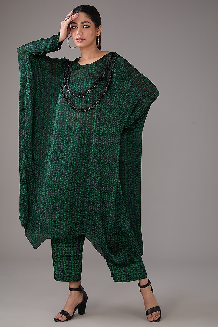 Green Satin Silk Abstract Printed Kaftan Set by FORTY FOUR