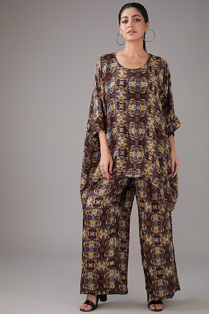 Black Satin Silk Abstract Printed Kaftan Set by FORTY FOUR