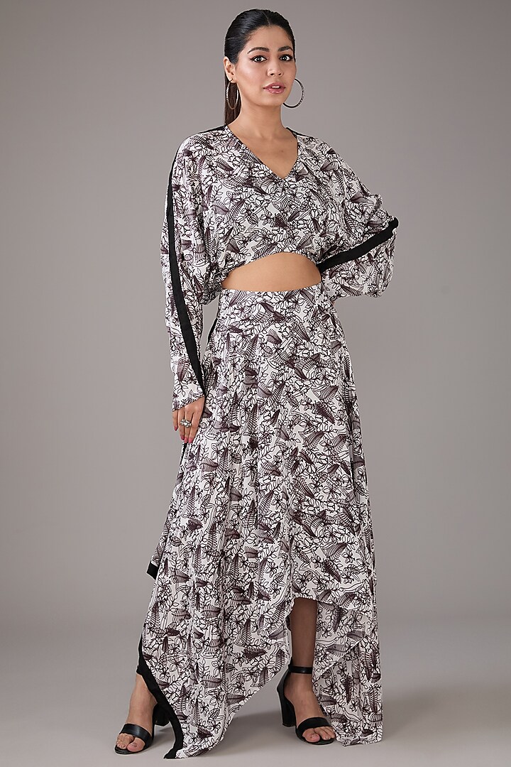 White & Black Satin Silk Printed Asymmetric Skirt Set by FORTY FOUR