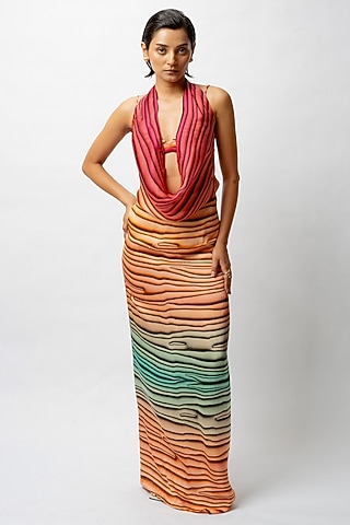 Multi-Colored Satin Digital Printed Backless Dress by FORTY FOUR