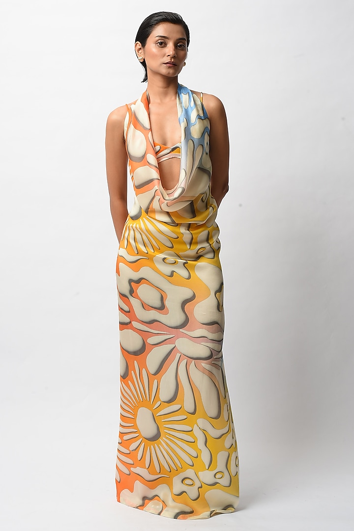 Multi-Colored Satin Digital Printed Backless Dress by FORTY FOUR at Pernia's Pop Up Shop