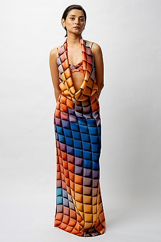 Multi-Colored Satin Digital Printed Backless Dress by FORTY FOUR