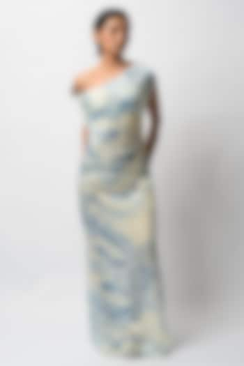 Blue Satin Digital Printed Backless Dress by FORTY FOUR at Pernia's Pop Up Shop