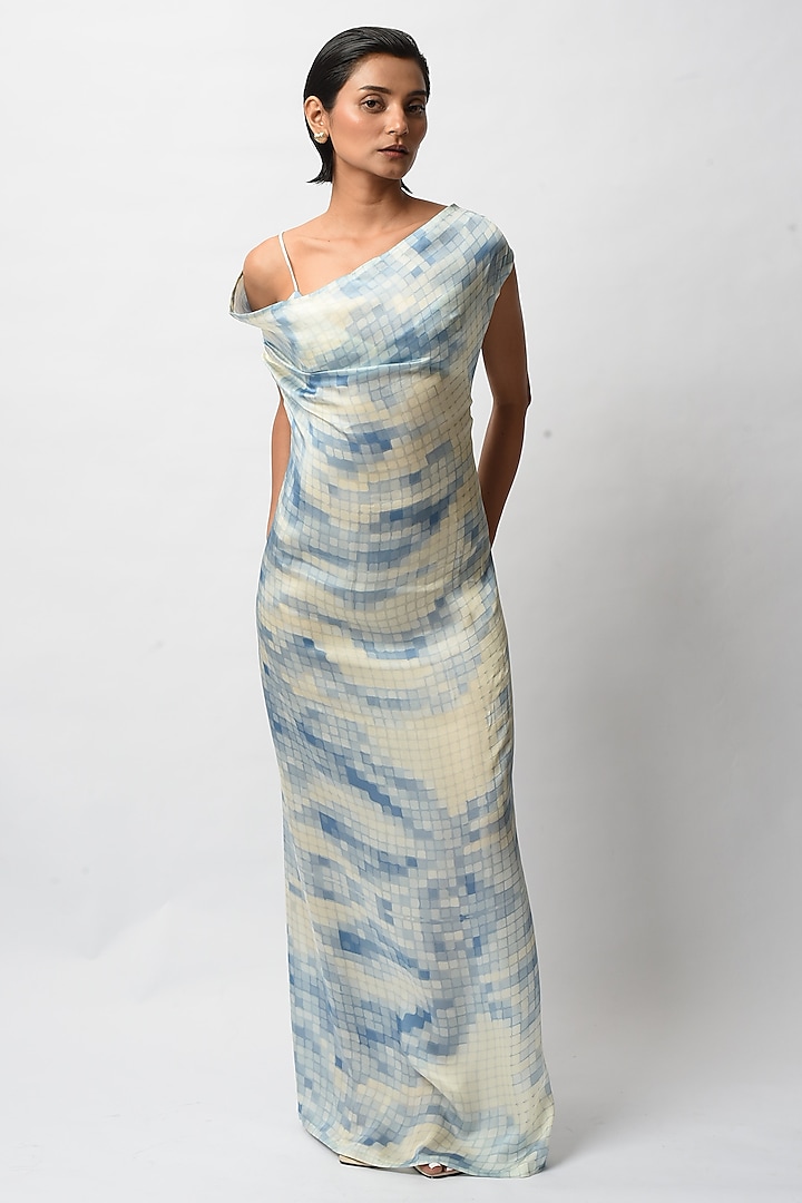 Blue Satin Digital Printed Backless Dress by FORTY FOUR at Pernia's Pop Up Shop