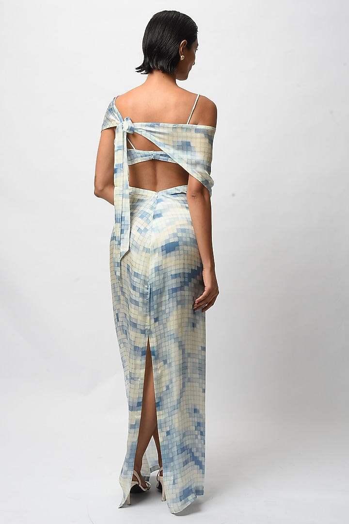 Blue Satin Digital Printed Backless Summer Dress by FORTY FOUR at Pernia's Pop Up Shop