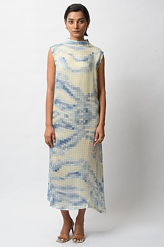 Blue Satin Digital Printed Dress by FORTY FOUR