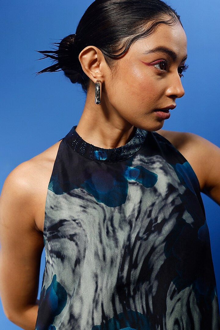 Blue Habutai Silk Printed Mini Summer Dress by FORTY FOUR at Pernia's Pop Up Shop