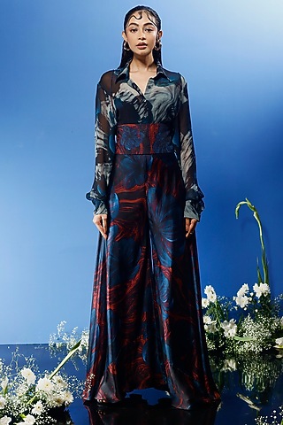 Blue Habutai Silk & Chiffon Printed Co-Ord Set by FORTY FOUR