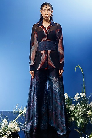 Blue Habutai Silk & Chiffon Printed Co-Ord Set by FORTY FOUR