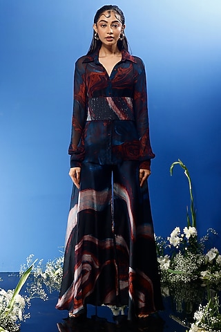 Blue Habutai Silk & Chiffon Printed Co-Ord Set by FORTY FOUR