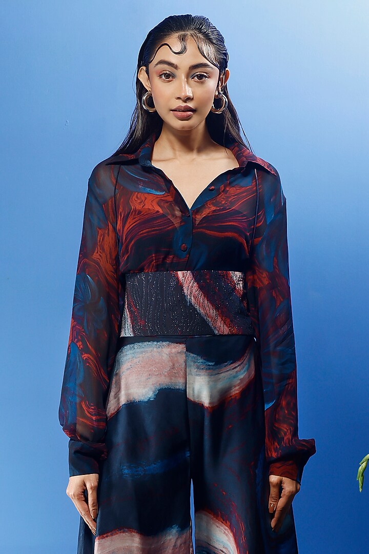 Blue Habutai Silk & Chiffon Printed Co-Ord Set by FORTY FOUR at Pernia's Pop Up Shop