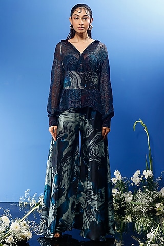 Blue Habutai Silk & Chiffon Printed Co-Ord Set by FORTY FOUR