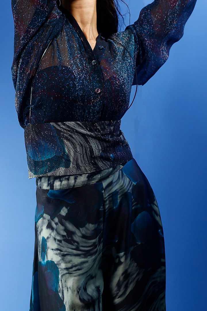 Blue Habutai Silk & Chiffon Printed Co-Ord Set by FORTY FOUR at Pernia's Pop Up Shop