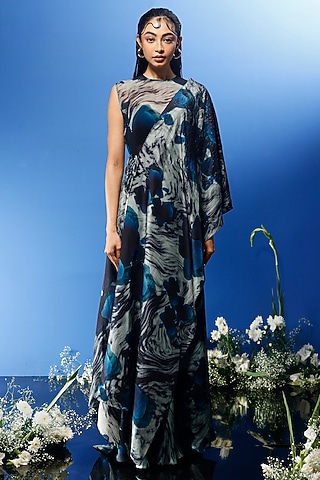 Blue Satin Printed Skirt Set by FORTY FOUR