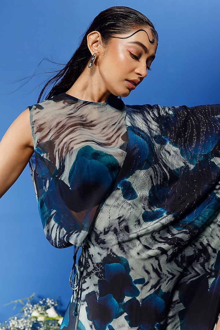 Blue Satin Printed Skirt Set by FORTY FOUR at Pernia's Pop Up Shop