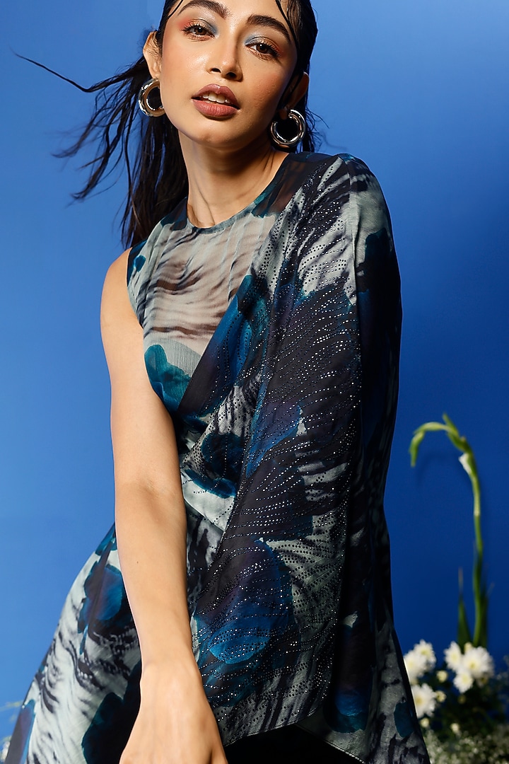 Blue Satin Printed Skirt Set by FORTY FOUR at Pernia's Pop Up Shop