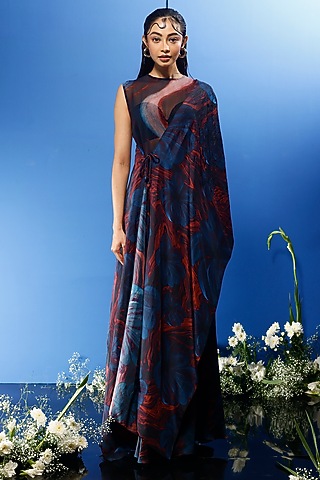 Blue Satin Printed Skirt Set by FORTY FOUR
