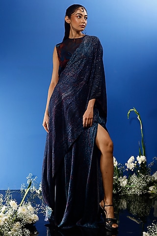Blue Satin Printed Skirt Set by FORTY FOUR