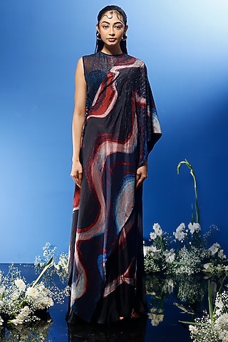 Blue Satin Printed Skirt Set by FORTY FOUR
