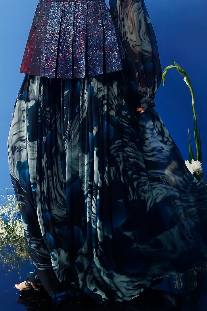 Blue Habutai Silk & Satin Printed Party Wear Sharara Set by FORTY FOUR at Pernia's Pop Up Shop