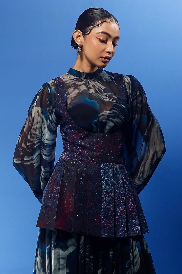 Blue Habutai Silk & Satin Printed Party Wear Sharara Set by FORTY FOUR at Pernia's Pop Up Shop