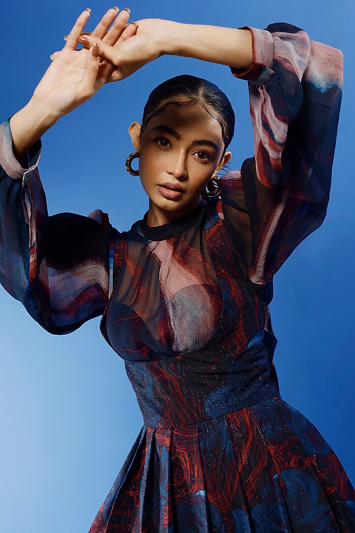 Blue Habutai Silk & Satin Printed Party Wear Sharara Set by FORTY FOUR at Pernia's Pop Up Shop