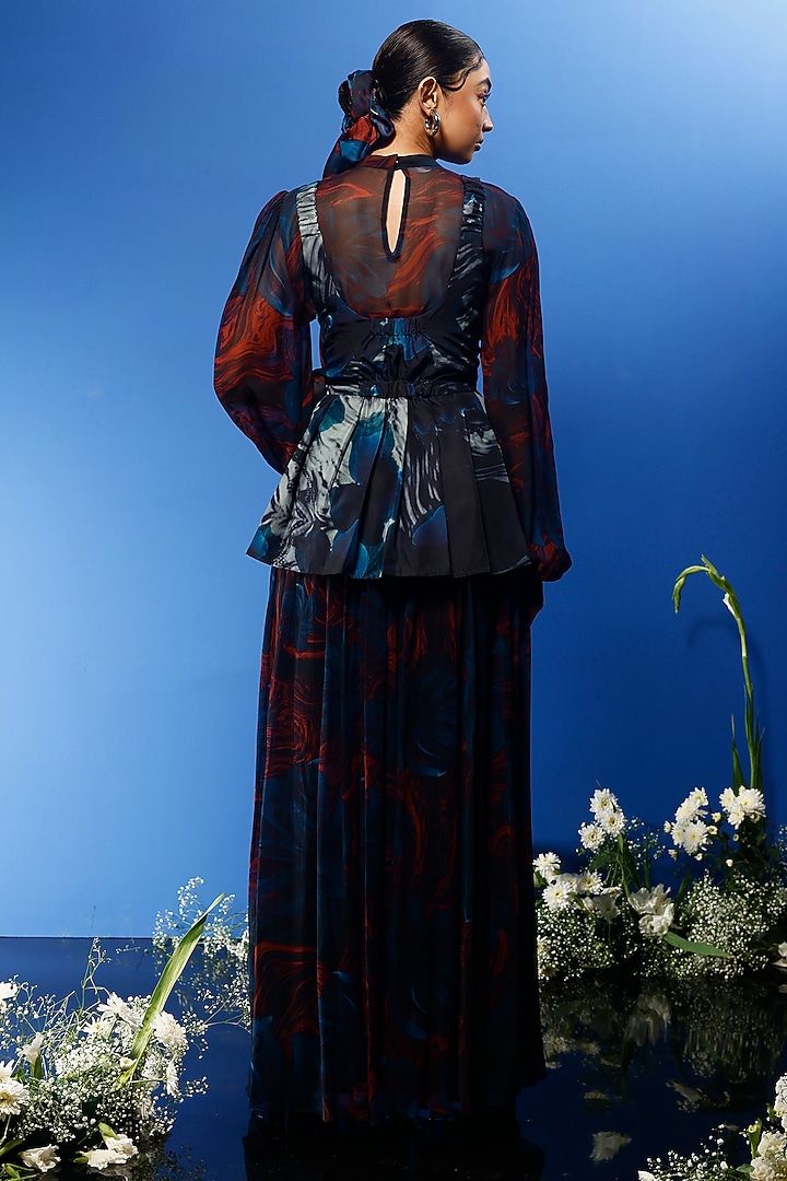 Blue Habutai Silk & Satin Printed Party Wear Sharara Set by FORTY FOUR at Pernia's Pop Up Shop