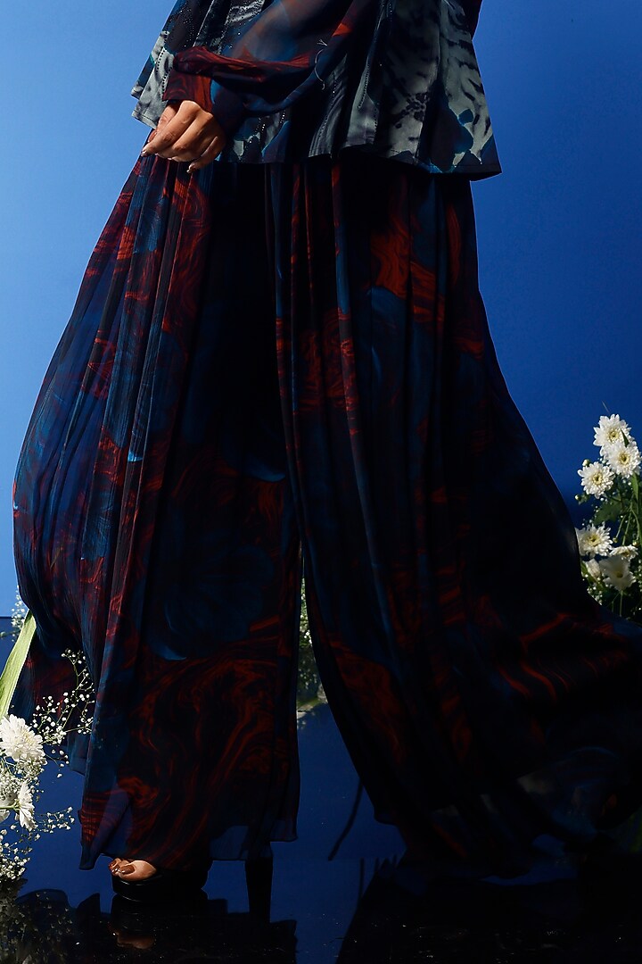 Blue Habutai Silk & Satin Printed Party Wear Sharara Set by FORTY FOUR at Pernia's Pop Up Shop