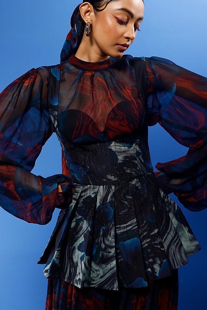 Blue Habutai Silk & Satin Printed Party Wear Sharara Set by FORTY FOUR at Pernia's Pop Up Shop